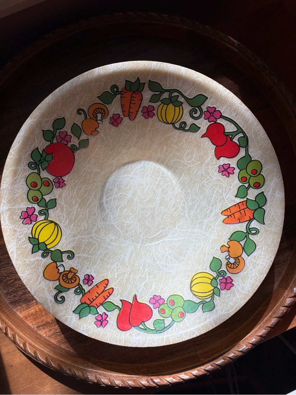 Vintage Melamine Serving Bowl Retro Vegetables Flowers 1960s 70s Kitchen